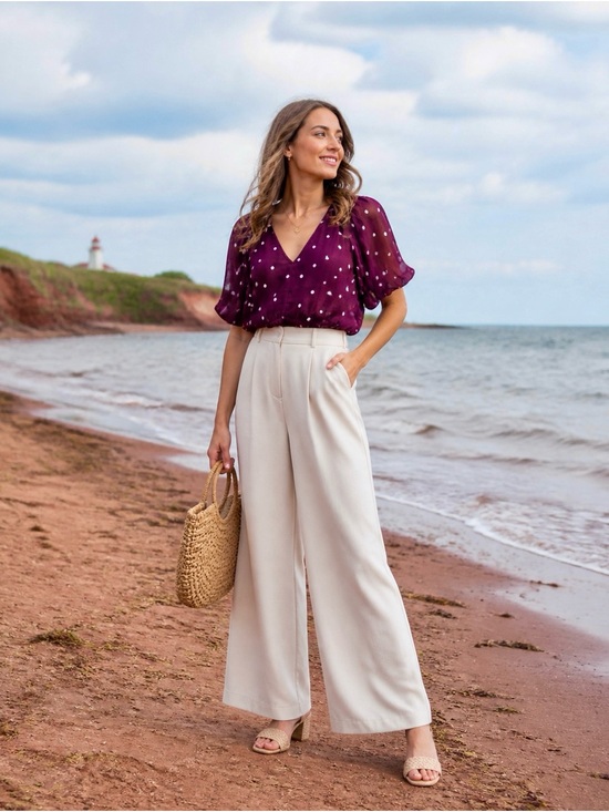 Reitmans Tops - Reitmans Plum Polka Dot Short-Sleeve V-Neck Top
